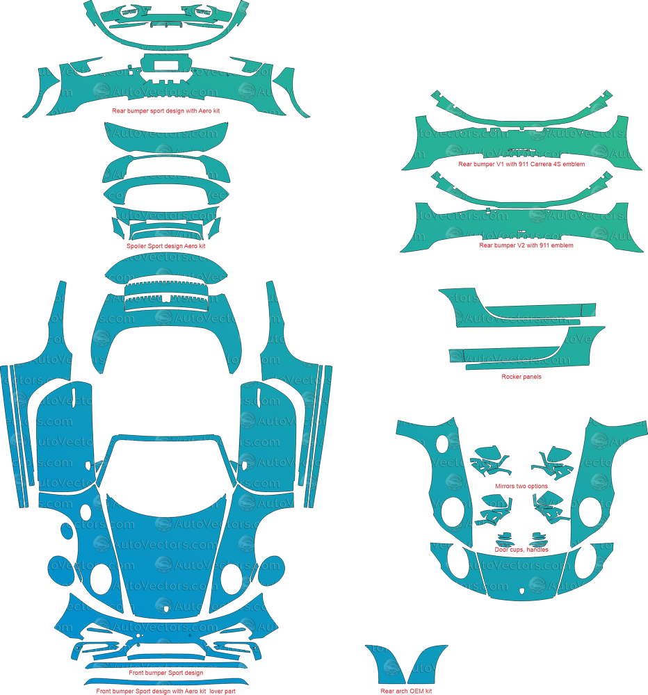 Porsche 911 (992) Carrera GTS, Carrera 4 GTS and Aero kit (From 2022) Cabriolet pre-cut PPF vector template download