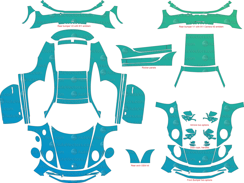 Porsche 911 (992) Carrera, S, 4, 4S, T (From 2020) Coupe pre-cut PPF vector template download