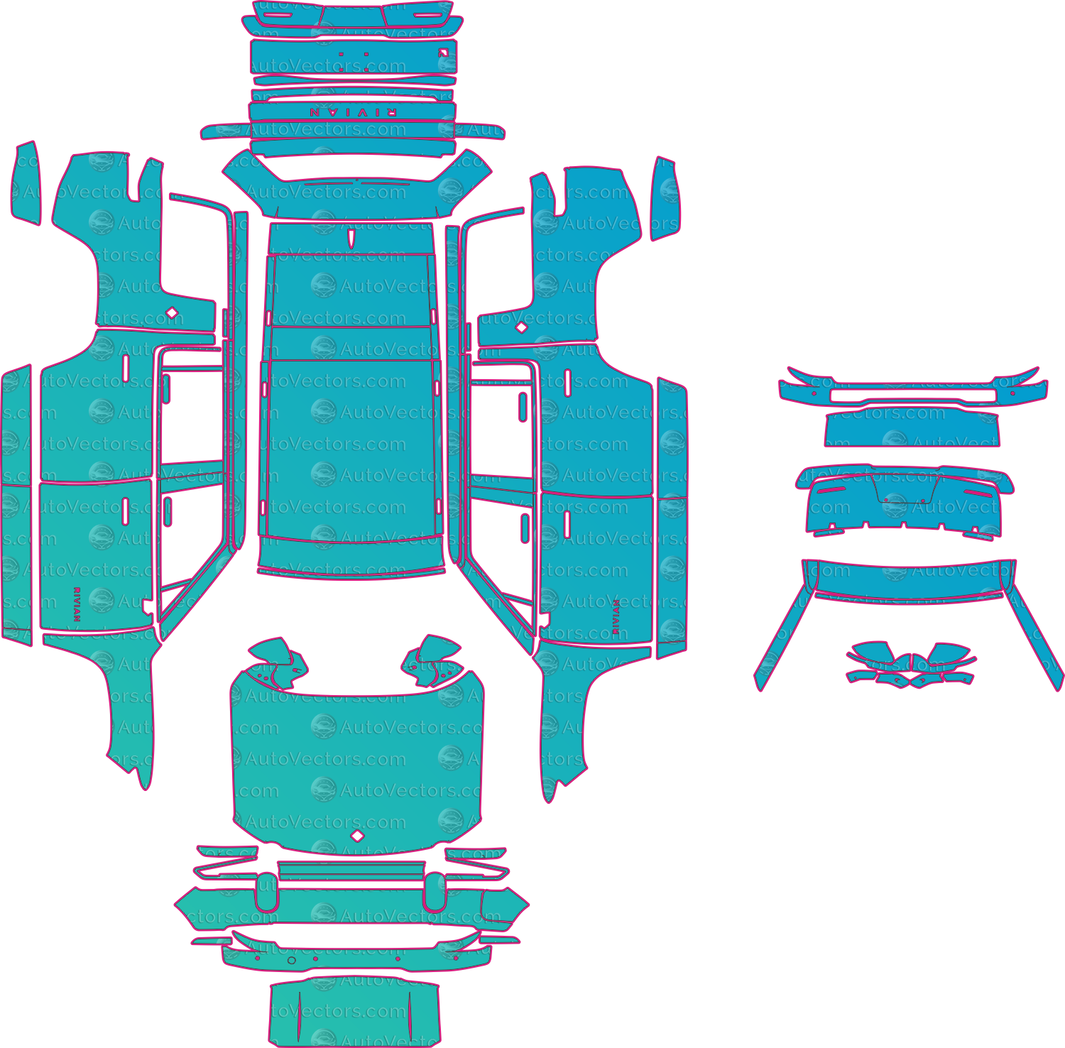 Rivian R1S Base (From 2026) SUV Pre-Cut PPF Pattern Templates – pre-cut PPF pattern templates, digital download vector files (CDR, AI, PDF, DXF, SVG)